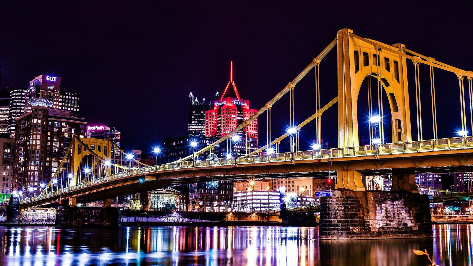 Pittsburgh skyline and bridge at night